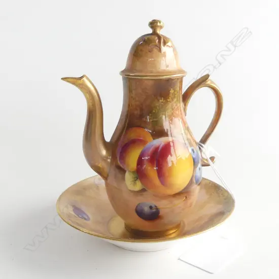 ROYAL WORCESTER SIGNED MINI COFFEE POT H.125mm & SAUCER...