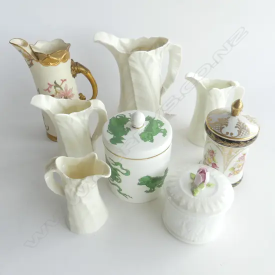 4 R. WORCESTER WHITE JUGS H.150mm + ANOTHER + 3 LIDDED CONTAINERS (1 w. HAIRLINE)