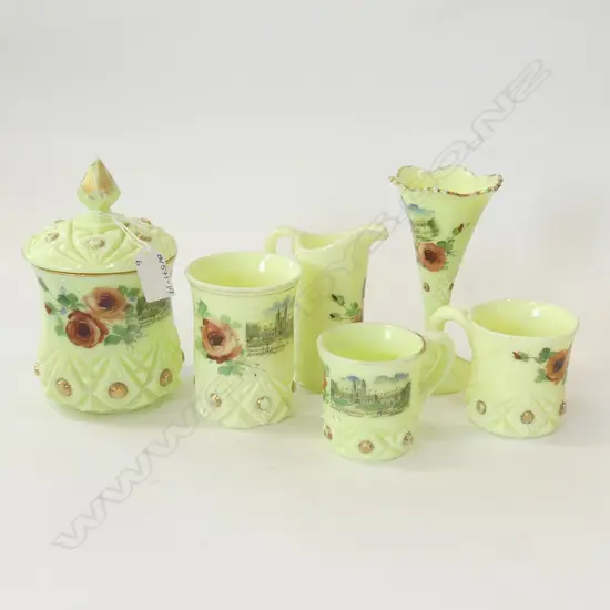 6 PCS CUSTARD GLASS AUCKLAND, NZ SOUVENIR WARE PCS; JUGS, VASE, LIDDED POT ETC..