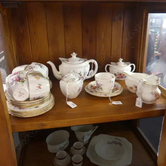 ROYAL CROWN DERBY, DERBY POSIES TEA SET; 4 TRIOS, LIDDED SUGAR BOWL & JUG