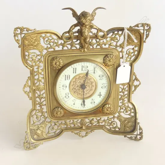 C1900 FANCY GILT BRASS CHERUB DESK CLOCK quality movement H.225mm