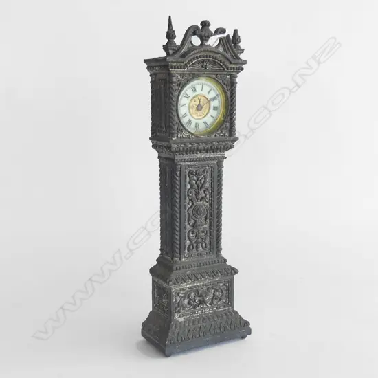 C1900 HEAVY SILVERED METAL MINI LONGCASE CLOCK SOME FAULTS H.295mm