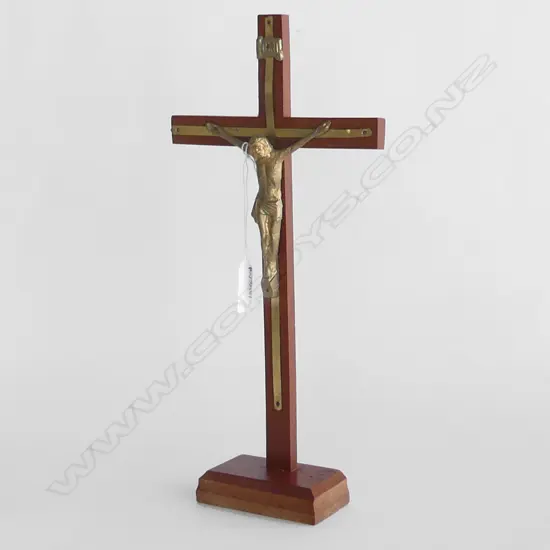WOODEN CRUCIFIX w. GOLD METAL JESUS & TRIM H.330mm