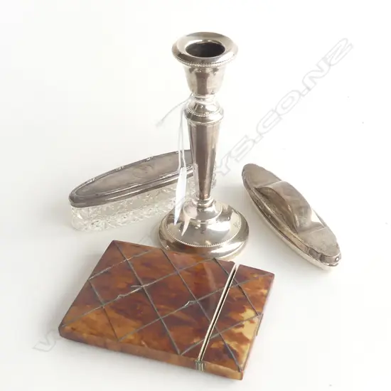 3 PCES STG SILVER; NAIL BUFF, CONTAINER & CANDLESTICK + TORTOISESHELL CASE FAULTED 