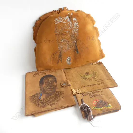 4 PCES SUEDE LEATHER w. MAORI THEMES; KIA ORA TEA COSY W.370mm, WRITING CASE, HANDKERCHIEFS HOLDER, EMBROIDERY