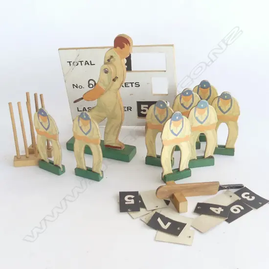 VINTAGE WOODEN TOY CRICKET GAME SET, PLAYERS, SCORE BOARD, WICKETS, BAT ETC..