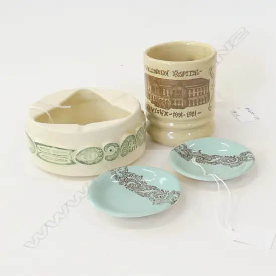CROWN LYNN; MAORI THEMED ASHTRAY (DIA 120MM) 2 SM AIR NZ TEAL DISHES (DIA 80MM) & TITIANWARE WELLINGTON HOSP MUG (AK68) 