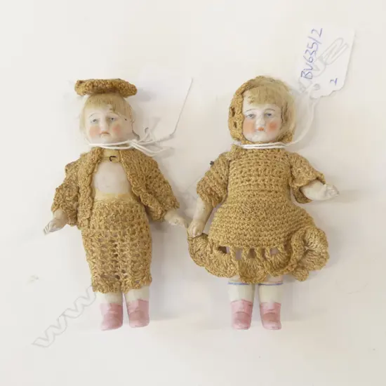 PAIR MI NATURE VINTAGE PORCELIAN DOLLS IN CROCHET COSTUME 