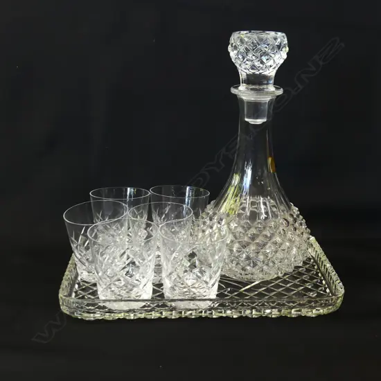 6 SM CUT CRYSTAL WHISKY TUMBLERS WITH TRAY + DECANTER