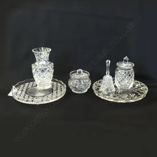 6 PCS CUT CRYSTAL, 2 PLATES, VASE, BELL & 2 LIDDED JAM POTS