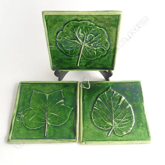 3 TONY SLY GREEN GLAZED POTTERY LEAF TILES 200x200mm