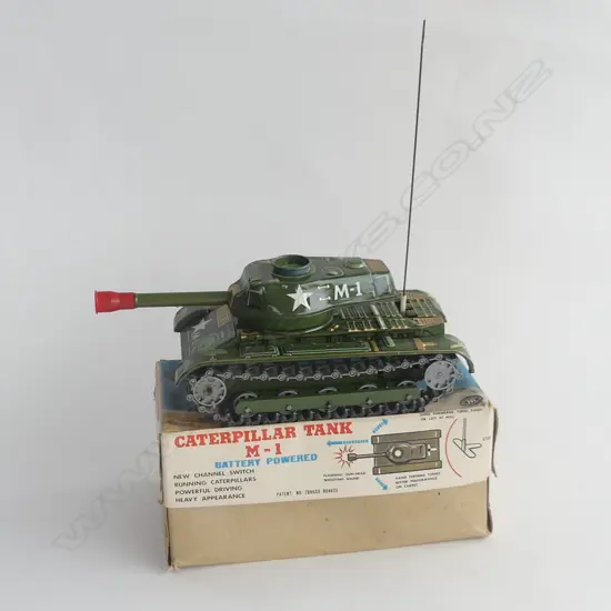 VINTAGE BATTERY OPERATED CATERPILLAR TANK M-1, IN ORIGINAL BOX (20516) 