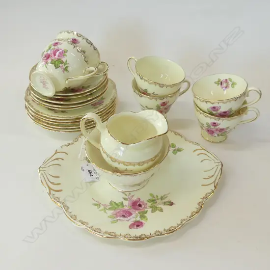 SALISBURY CHINA 'DIJON' TEA SET; 6 TRIOS (MINUS 1 SAUCER) PLATE, JUG & BOWL