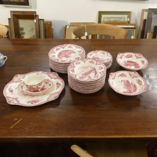 JOHNSON BROS  PINK 'OLD BRITAIN CASTLES' IRONSTONE PART DINNER SERVICE, 12 PLACE SETTING & SERVING DISHES