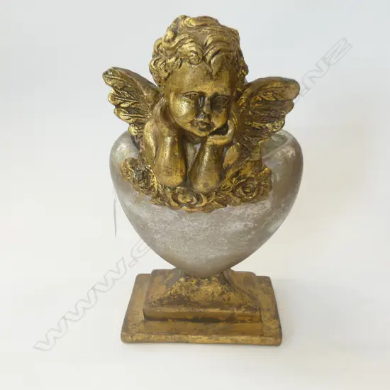 GOLD GILDED HEART SHAPED VASE WITH CHERUB H. 285MM