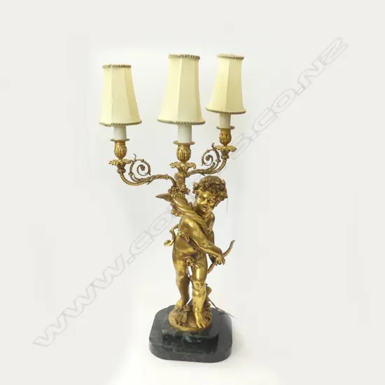 VINTAGE GOLD GILDED HEAVY BRASS CHERUB TABLE LAMP WITH 3 SCONCES H. 320MM 