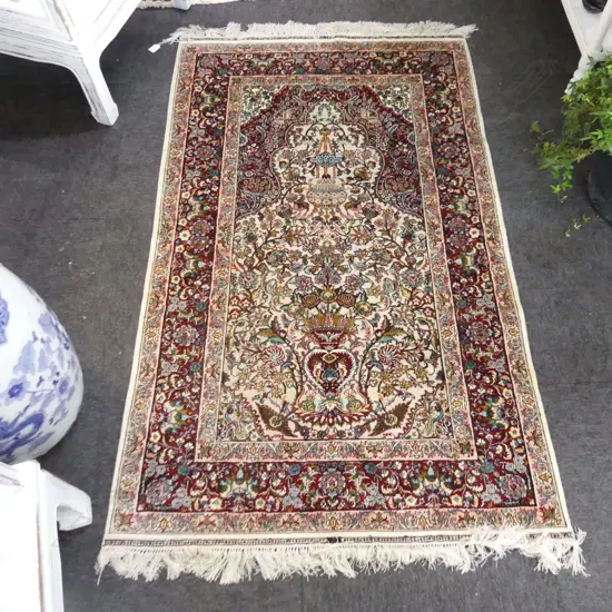 FINELY HAND KNOTTED SILK & METALLIC  THREAD MIXED PILE RUG 1510 x 925mm