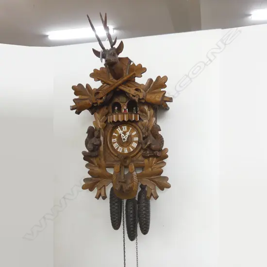 VINTAGE BLACK FOREST COOKCO CLOCK WITH CARVED SQUIRELS 660 MM