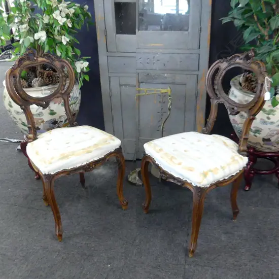 PR  FRENCH CARVED WOODEN BALLOON BACK CHAIRS - BOTH NEED CHAIR PADS REUPHOLSTERING