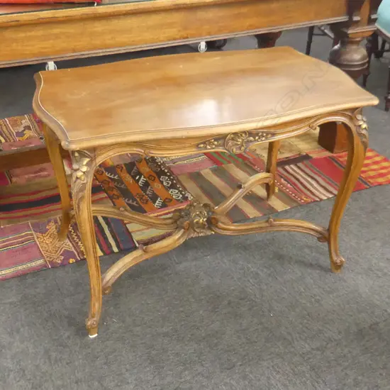 VINTAGE WOODEN OCCASIONAL TABLE W CARVED LEGS & STRETCHERS  920 X 590MM SOME MARKS TO TOP