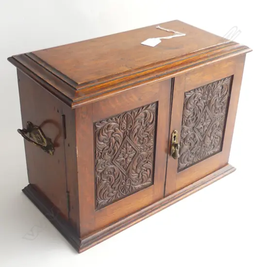 LATE VICTORIAN OAK SMOKERS CABINET FITTED W many pipes etc