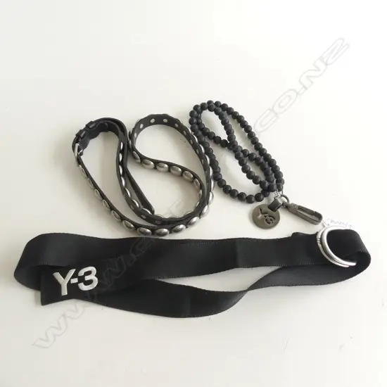 3 FASHION PCES; Y-3 YOHJI YAMAMOTO ADIDAS BELT, RUBBER BEAD NECKLACE & DESIGNER STUDDED BELT