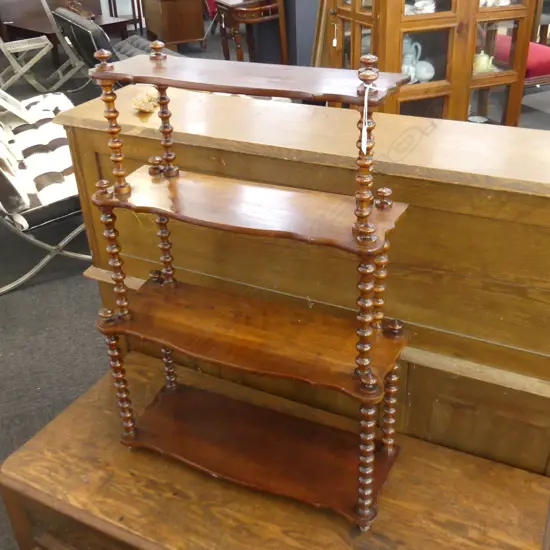 MAHOGANY 4 TIER WALL SHELF, BARLEY TWIST STRETCHERS 830 X 570MM