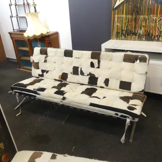 BARCELONA 3 SEATER SETTEE PATCHWORK COW HIDE COVERED chrome X frame some rust to frame