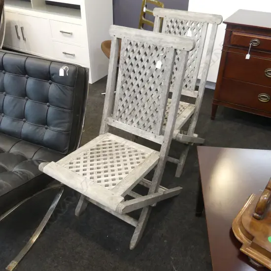 TWO OUTDOOR STEAMER TYPE FOLDING CHAIRS. AGED PATINA.H 1140mm ( FOLDED) 