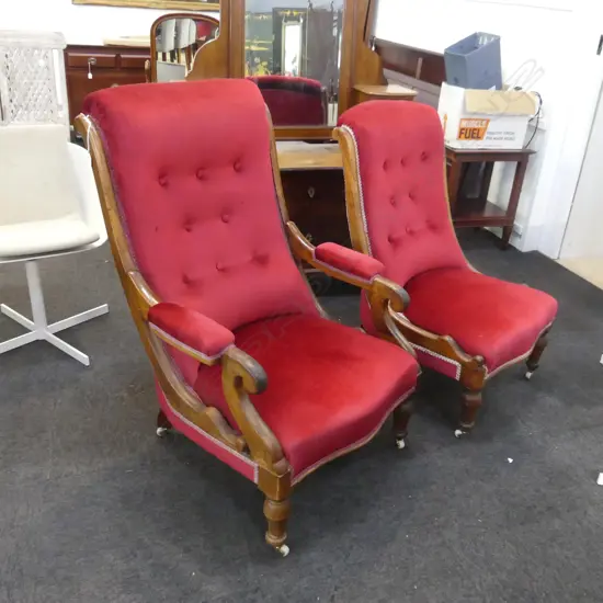 PAIR VICTORIAN MAHOGANY GRANDFATHER AND GRANDMOTHER CHAIRS