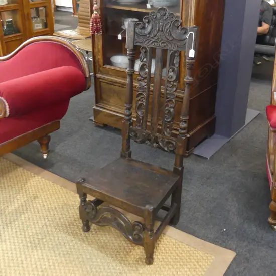 DUTCH HIGH BACKED  HALL CHAIR H.1150mm (finials to top absent). REQUIRES ATTENTION.