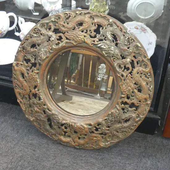 ORIENTAL BRASS DRAGON FRAMED ROUND WALL MIRROR, DIA. 590MM