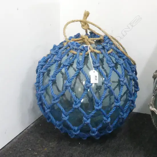 OLD GLASS LARGE FISHING FLOAT WITH BLUE NETTING Dia.340mm hand blown