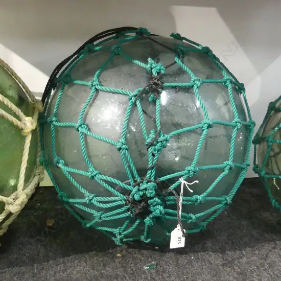 OLD GLASS FISHING FLOAT WITH NETTING, DIA. 400MM