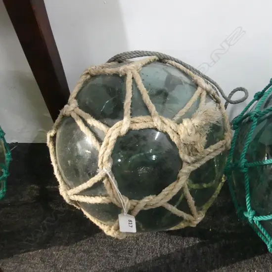 OLD GLASS FISHING FLOAT WITH NETTING, DIA.  340MM