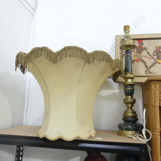 GREEN MARBLE & BRASS TABLE LAMP BASE H. 660MM + LG OLD LAMP SHADE (A/F) DIA 580MM H.350mm