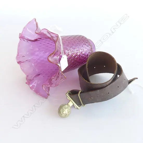 2 ITEMS. C1900 FRILLED CRANBERRY GLASS TRUMPET  SHADE ( H.170mm) & BOYS BRIGADE BELT. 