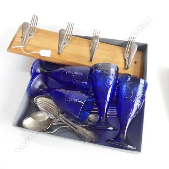 ASST S/PLATE CUTLERY + FORK COAT RACK + 4 BLUE GLASS GOBLETS