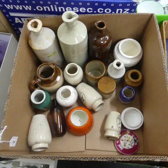 BOX LOT STONEWARE BOTTLES ETC