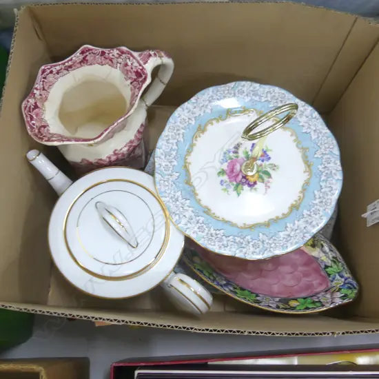 4 ASST CHINA; ROYAL ALBERT 'ENCHANTMENT' 2 TIER CAKE STAND, MASONS VISTA JUG (A/F) MALING THUMBPRINT DISH & RJ TEAPOT