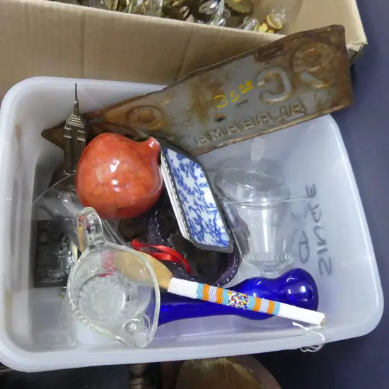 BOX MISC INC.MEMORABILIA, GLASS, PETRIFIED WOOD ASHTRAY, OLD NUMBER PLATE ETC..