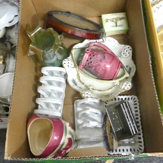 BOX ASST PORCELAIN, CHINA, GLASS ETC INC. PORCELAIN TOAST RACKS, CROWN LYNN ETC..
