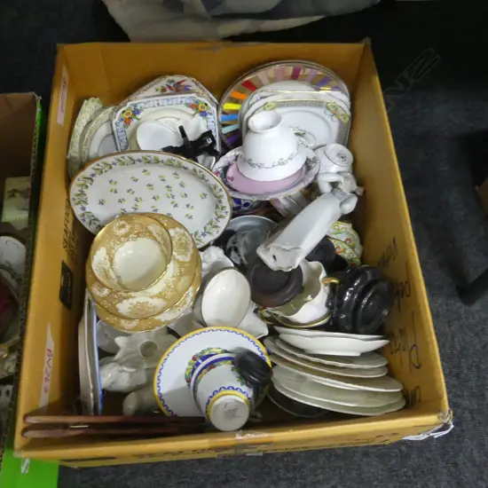 BOX LOT ASST. CHINA; TEA CUPS, NAO FIGURINE ETC