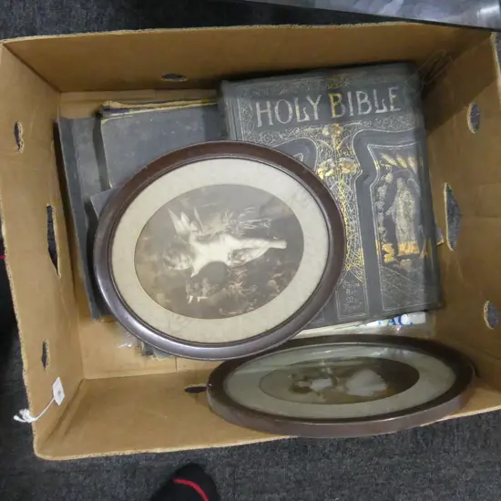 BOX LOT BIBLE PRINTS CHARTS & 2 FRAMED CUPID  PICS