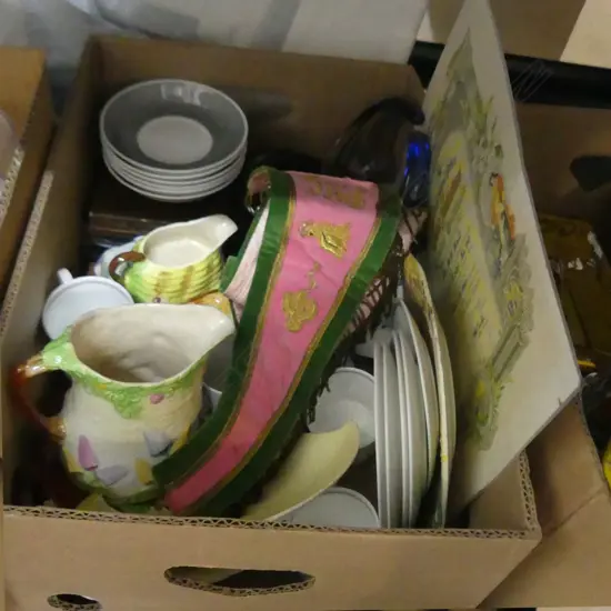 BOX LOT ASST. CHINA; SUSIE COOPER, BOXED CUTLERY, ROYAL WINTON, 2 PCES ART GLASS, ODD FELLOWS CERTIFICATE & COLLAR ETC