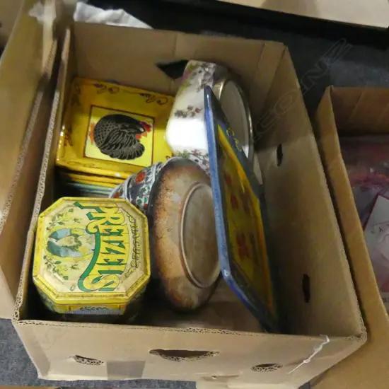 BOX MISC POTTERY PLATES, BOWLS, OLD TIN ETC.