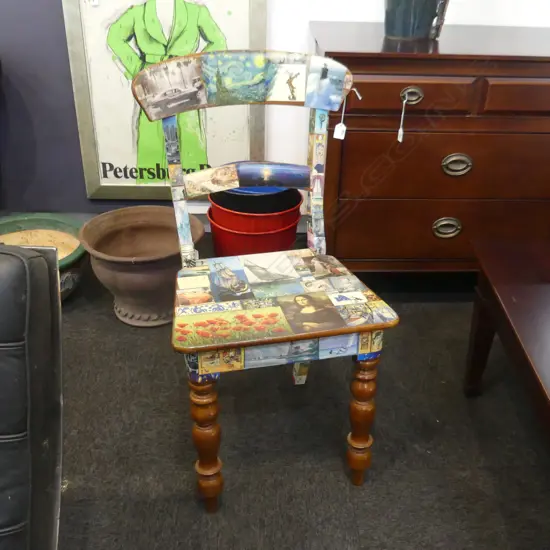 ANTIQUE STYLE BLADE BACK CHAIR w. DECOUPAGE ART H.880mm