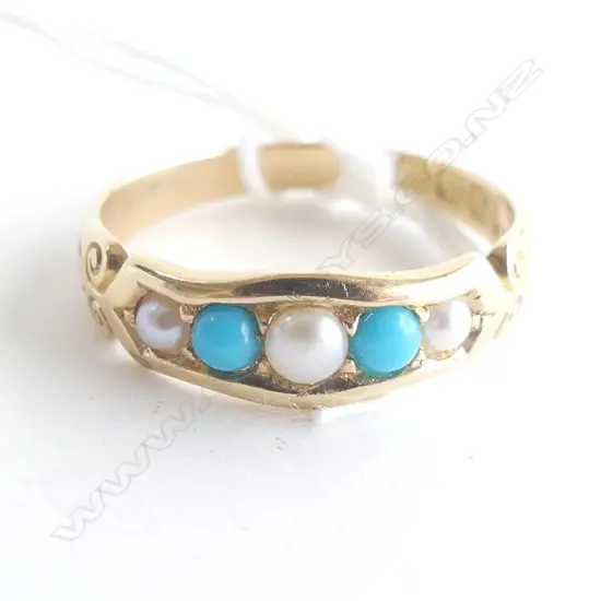 BIRMINGHAM 1893 18CT GOLD TURQUOISE & PEARL RUNG 3.14gms