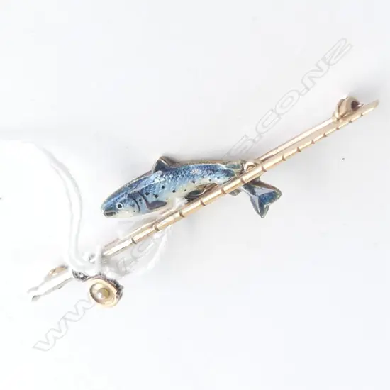 ENGLISH MADE 9CTGOLD & ENAMEL FISHING ROD & TROUT TIE PIN / BROOCH 6.43gms