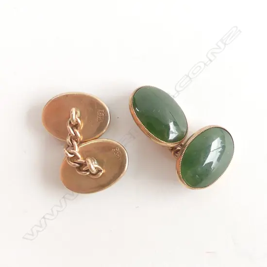 PR OLD 9CT GOLD & POUNAMU CUFFLINKS 6.4gms